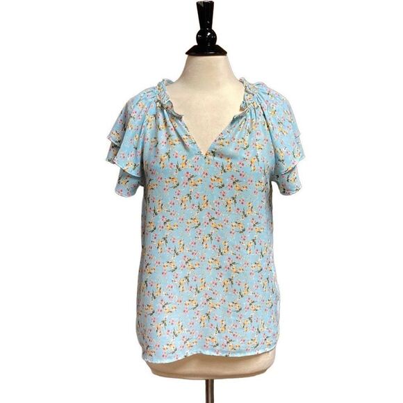 Pleione Blue Floral Flutter Sleeve Top Size Small - Picture 1 of 6